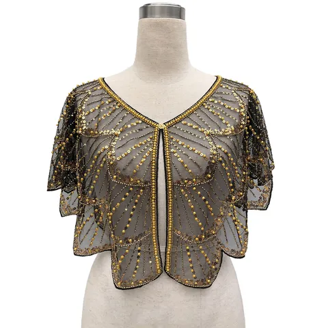 Vintage Women Sequin Beaded Capelet Mesh Bolero Top Evening Party Gatsby Floral Embroidered Cardigan Shawl Outerwear
