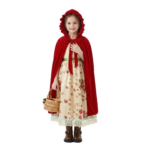 Children Red Riding Hood Cosplay Costume Retro Floral Dress Cloak Set Halloween Party Stage Performance Outfit