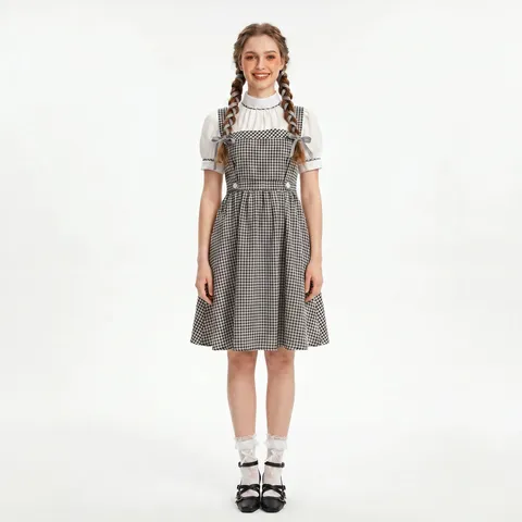 Femmes Filles Costume Cosplay Robe Noir Blanc Carreaux Douce Robe Princesse Halloween Fête Tenue de Performance