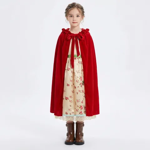 Children Red Riding Hood Cosplay Costume Retro Floral Dress Cloak Set Halloween Party Stage Performance Outfit