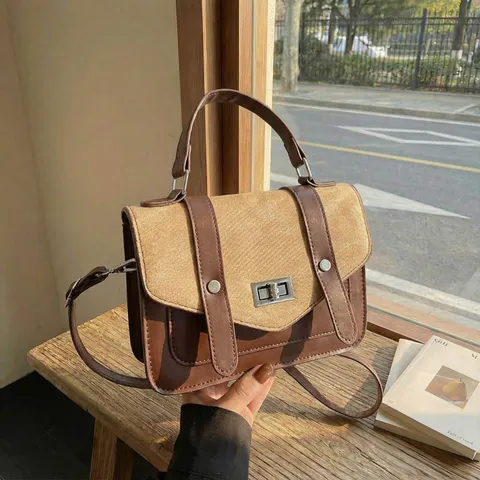Vintage Contrast Color Messenger Bag PU Leather Patchwork Top Handle Shoulder Bag Retro Student Crossbody Bag For Women Daily Work