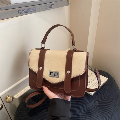 Vintage Contrast Color Messenger Bag PU Leather Patchwork Top Handle Shoulder Bag Retro Student Crossbody Bag For Women Daily Work