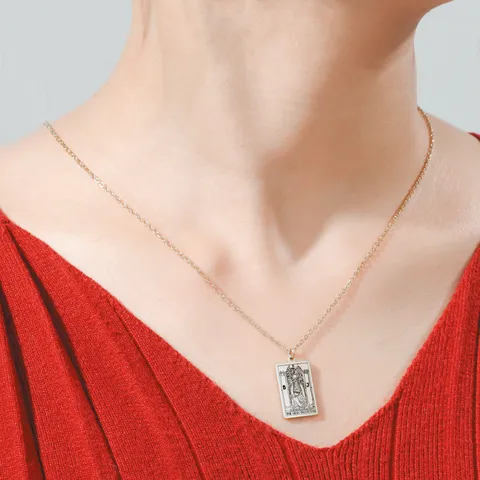 Collier Pendentif Carte de Tarot en Acier Inoxydable 304 Vintage pour Hommes Femmes Amulette Arcanes Majeurs Médaillon Rectangulaire Bijoux Cadeau