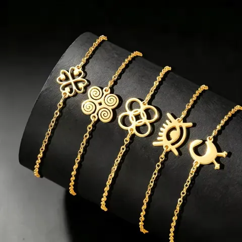 African Adinkra Symbols Pendant Bracelet Stainless Steel Adjustable Hollow Cut Jewelry Ethnic Gold Silver Bracelet Gift