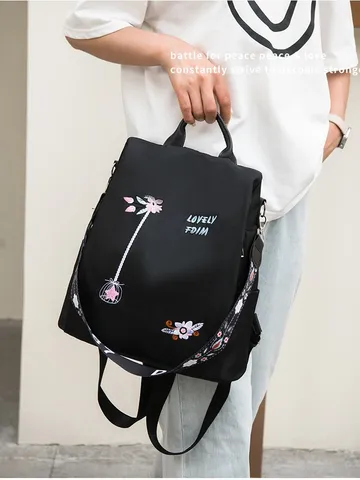 Women Floral Embroidery Anti-theft Backpack Oxford Cloth Large Capacity Fashion Literary Style Rucksack Travel Bag