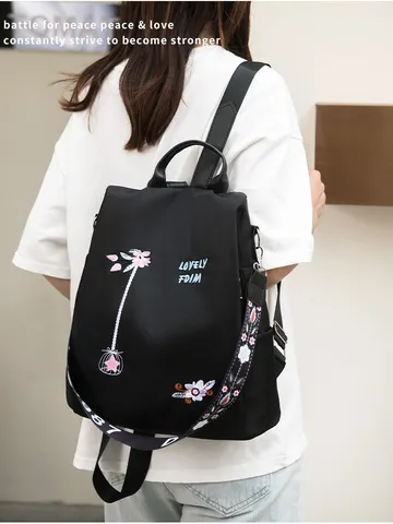 Women Floral Embroidery Anti-theft Backpack Oxford Cloth Large Capacity Fashion Literary Style Rucksack Travel Bag