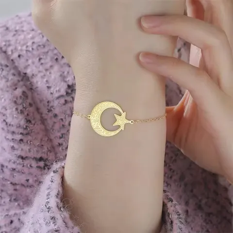 Pulsera con Colgante de Estrella y Luna de Acero Inoxidable 304 Estilo Ins Caligrafía Árabe Galvanizado Cadena Ajustable Joyería para Regalo de San Valentín