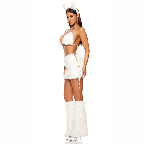 Sexy Bunny Girl Cosplay Costume Women Plush Halter Bikini Top Short Skirt Leg Warmers Rabbit Ear Headband Party Outfit