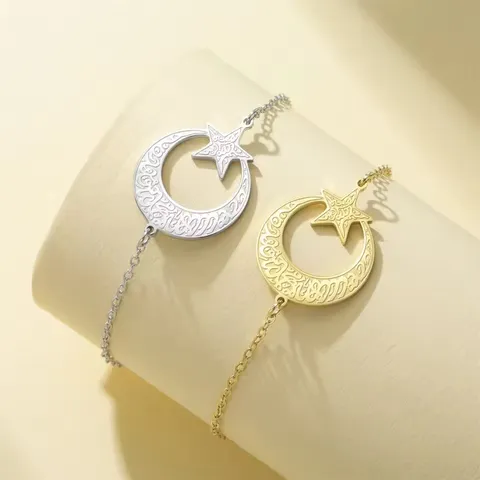 Pulsera con Colgante de Estrella y Luna de Acero Inoxidable 304 Estilo Ins Caligrafía Árabe Galvanizado Cadena Ajustable Joyería para Regalo de San Valentín