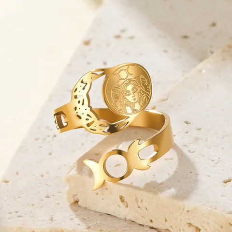 Triple Moon Goddess Ring 304 Stainless Steel Adjustable Open Ring Hollow Crescent Moon Face Wicca Pagan Jewelry For Women Men