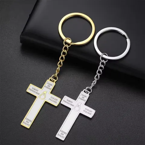 304 Stainless Steel Religious Cross Keychain Double Sided Etched French Inscriptions Pendant Metal Key Ring Gothic Punk Jewelry Car Bag Charm Gift