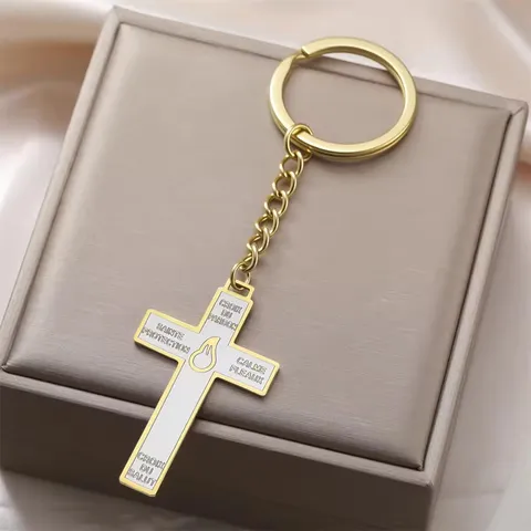 304 Stainless Steel Religious Cross Keychain Double Sided Etched French Inscriptions Pendant Metal Key Ring Gothic Punk Jewelry Car Bag Charm Gift