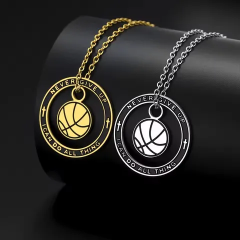 304 Stainless Steel Football Basketball Pendant Necklace Never Give Up Inspirational Sport Jewelry For Men Women
