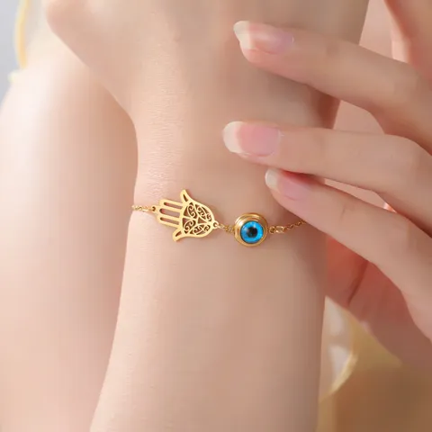 Stainless Steel Evil Eye Hamsa Hand Bracelet For Women 18K Gold Plated Turkish Nazar Amulet Jewelry Gift Fatima Hand Bracelet