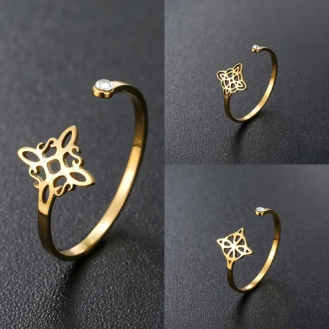 Minimalist 304 Stainless Steel Witch Knot Open Ring For Women Men Geometric Hollow Out Rhinestone Adjustable Ring Jewelry Gift