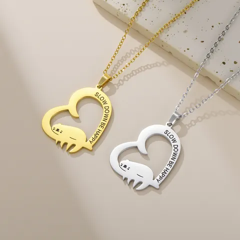 304 Roestvrij Staal Cartoon Eekhoorn Luiaard Hanger Halsketting Hartvorm Gegraveerd Love You Forever Sleutelbeenketting Sieraden