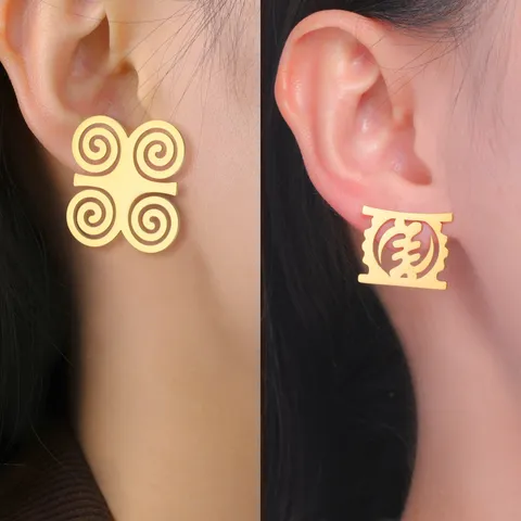304 Stainless Steel African Adinkra Symbol Stud Earrings Gold Silver Ethnic Gye Nyame Dwennimmen Geometric Jewelry For Women Gift