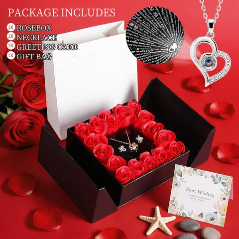Konservierte Rose Schmuckbox Herz Projektion Halskette Ohrring Set Legierung Strass Geschenkbox Für Valentinstag Damen