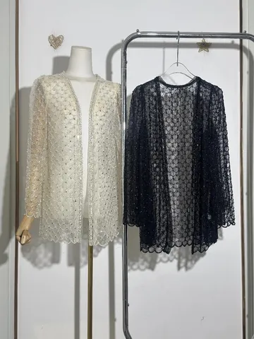 Women Elegant Long Sleeve Lace Cardigan Beaded Sequin Scalloped Hem V Neck Sun Protection Blouse Shrug Top Polyester Jacket