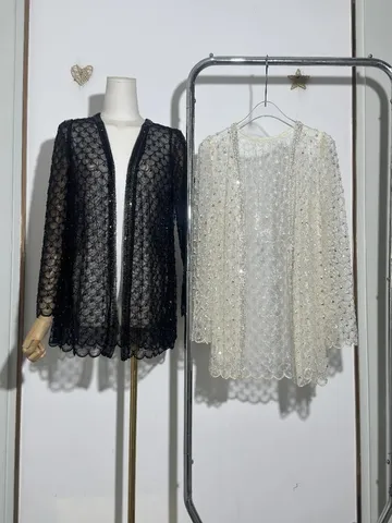 Women Elegant Long Sleeve Lace Cardigan Beaded Sequin Scalloped Hem V Neck Sun Protection Blouse Shrug Top Polyester Jacket