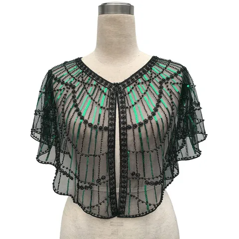 Vintage Evening Sequin Shawl Beaded Mesh Cape Bolero Retro Formal Wedding Party Dress Cover Up Women Glitter Wrap Top