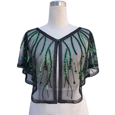 Women's 1920s Vintage Sequined Embroidered Shawl Gatsby Beaded Bolero Evening Cape For Wedding Party Mesh Bolero Top