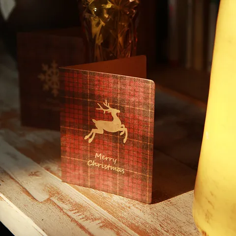Biglietto Di Auguri Di Natale In Carta Kraft Plaid Vintage E Busta Renna Fiocco Di Neve Albero Stampa Festival Collezione Carte