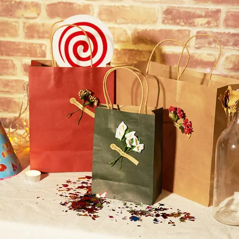 Sac Cadeau en Papier Kraft Vintage Couleur Unie Fond Carré Pochette de Transport pour Mariage Fête Festive Emballage Universel Sac à Main de Rangement