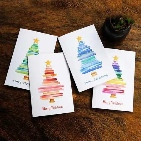 Watercolor Christmas Tree Greeting Cards Hand-Painted Cardstock Holiday Blessing Cards With Envelopes For Christmas Festival