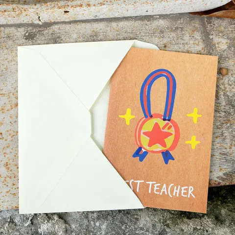 Biglietti di Auguri Best Teacher Best Dad Carta Kraft Trofeo Medaglia Cartone Animato Biglietti di Ringraziamento Per Festa degli Insegnanti Festa del Papà