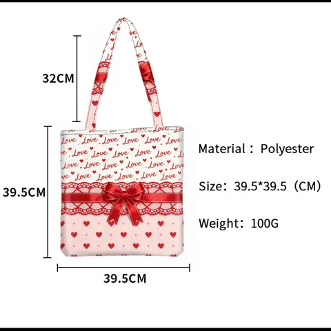 Große Kapazität Polyester Tragetasche für Damen Süße Schleife Liebe Herz Druck Schultertasche Wiederverwendbare Einkaufstasche