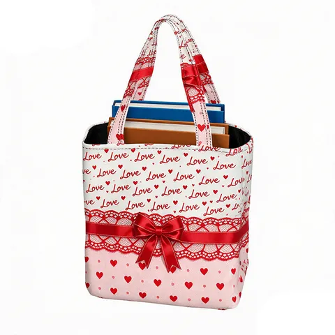 Große Kapazität Polyester Tragetasche für Damen Süße Schleife Liebe Herz Druck Schultertasche Wiederverwendbare Einkaufstasche