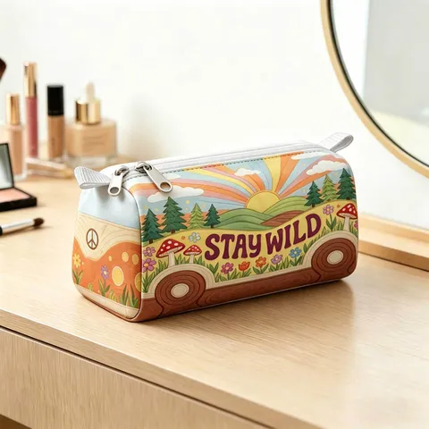 Portable Large Capacity Cosmetic Bag Multifunctional Travel Makeup Organizer Plush Printed Retro Bus American Flag Stars Stripes Toiletry Storage Pouch For Women