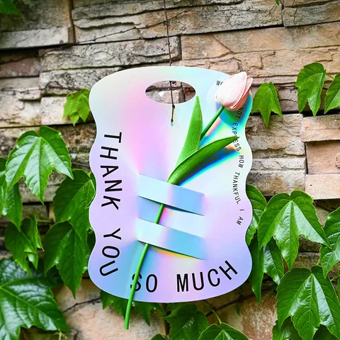 Biglietto di Auguri per Confezione di Bouquet Singolo in Cartoncino d'Argento Olografico Con Stampa di Lettere Laser Etichetta Portapacchi Floreale Portatile Fai-da-Te per la Festa della Mamma e dell'Insegnante