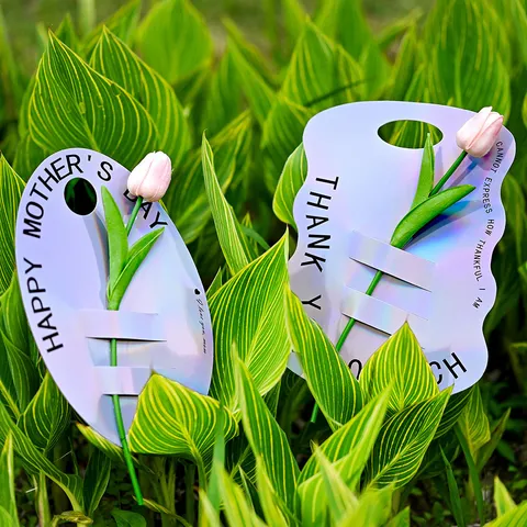 Biglietto di Auguri per Confezione di Bouquet Singolo in Cartoncino d'Argento Olografico Con Stampa di Lettere Laser Etichetta Portapacchi Floreale Portatile Fai-da-Te per la Festa della Mamma e dell'Insegnante