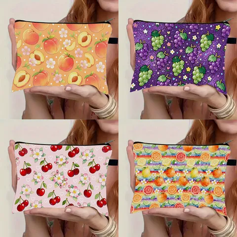 Portamonete a Grande Capacità Stampa Frutta Fresca Astuccio Semplice Quadrato per Cancelleria in Poliestere Lino per Studenti Borsa Organizzatore Stoccaggio