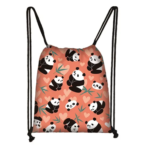 Cartoon Panda Drawstring Bag Polyester Lightweight Backpack Student Storage Pouch Outdoor Travel School Sack