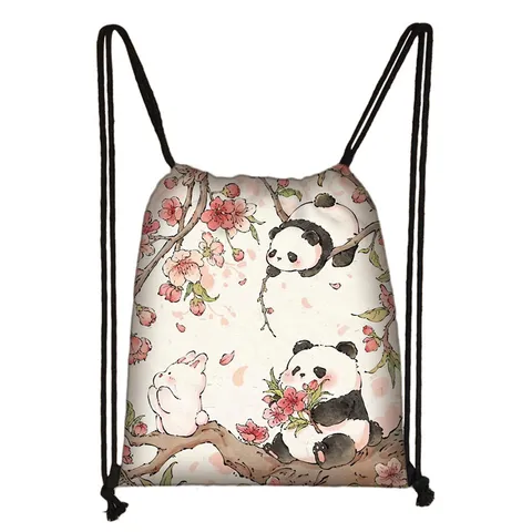 Cartoon Panda Drawstring Bag Polyester Lightweight Backpack Student Storage Pouch Outdoor Travel School Sack