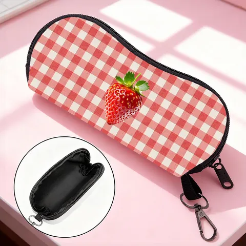 Fashion Checkered Fruit Print Sunglasses Case Portable Zipper Glasses Bag With Carabiner Hook Protective Eyewear Pouch For Outdoor Travel