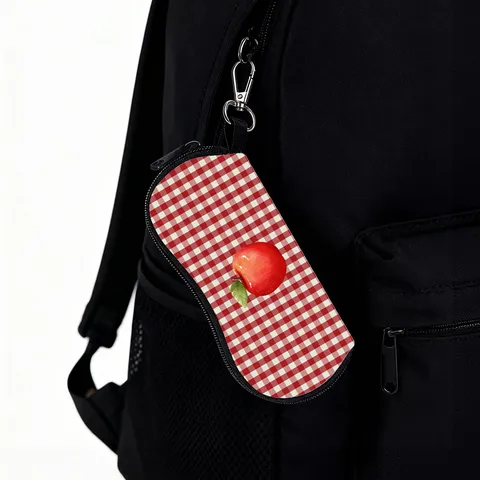 Fashion Checkered Fruit Print Sunglasses Case Portable Zipper Glasses Bag With Carabiner Hook Protective Eyewear Pouch For Outdoor Travel