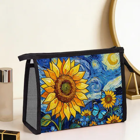 Tragbare Zonnebloem Print Netz Kulturbeutel Für Damen Künstlerische Florale Kosmetiktasche Reise Waschbeutel Mit Reißverschluss Große Kapazität Aufbewahrungstasche