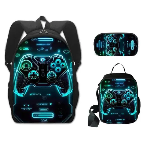 Polyester Gaming Rugzak Set Ergonomische Schooltas Bedrukte Pennenzak Geïsoleerde Lunchtas Voor Tieners Dagelijks Casual