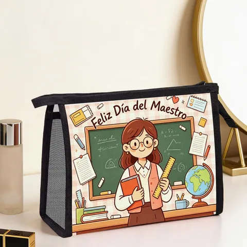 Teacher Theme Cosmetic Bag Portable Toiletry Travel Storage Bag Feliz Dia Del Maestro Gift Polyester Printed Makeup Pouch For Women
