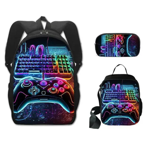 Polyester Gaming Rugzak Set Ergonomische Schooltas Bedrukte Pennenzak Geïsoleerde Lunchtas Voor Tieners Dagelijks Casual