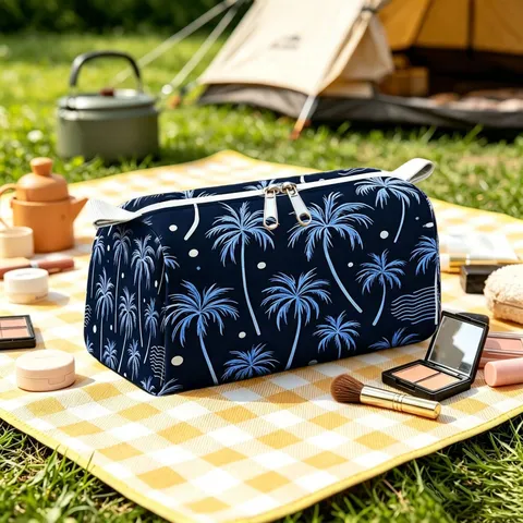 Velvet Large Capacity Makeup Bag Travel Cosmetic Bag Portable Zipper Toiletry Storage Pouch Tropical Palm Tree Printed Organizer For Women