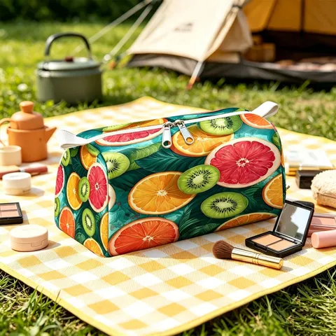 Portable Velvet Fruit Pattern Cosmetic Bag Large Capacity Travel Toiletry Makeup Bag Printed Velvet Pouch For Women Daily Organization