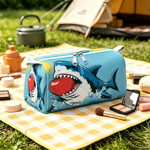Shark Sea Turtle Print Plush Cosmetic Bag Large Capacity Travel Toiletry Pouch Zipper Makeup Organizer Bag For Women