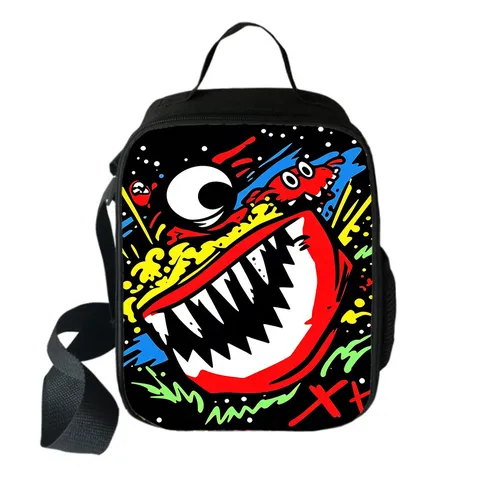 Monster Graffiti Printed Square Lunch Bag Polyester Insulated Thermal Crossbody Bento Pouch With Adjustable Shoulder Strap For School Office Kids Travel