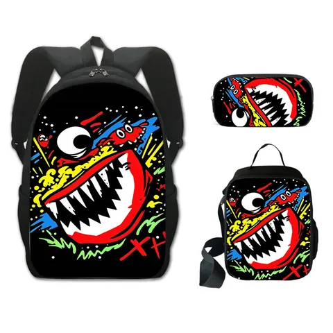 Monster Graffiti Stijl 3-Delige Schooltas Set Inclusief 16 Inch Boekentas Geïsoleerde Lunchtas En Etui