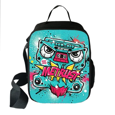 Monster Graffiti Printed Square Lunch Bag Polyester Insulated Thermal Crossbody Bento Pouch With Adjustable Shoulder Strap For School Office Kids Travel
